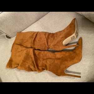 Suede tan up to the knee scrunch styled boots